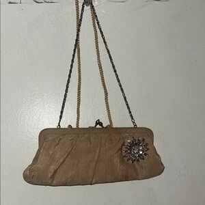 Elegant Tan Clutch with Crystal Embellishment and Chain Strap